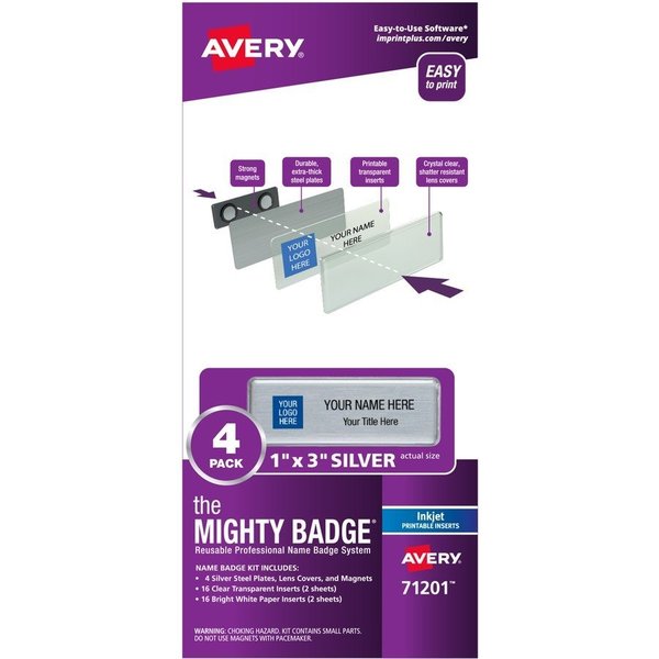The Mighty Badge Badge Kit, Magnetic, Inkjet, Reusable, 1"x3", 4/PK, SR 4PK AVE71201